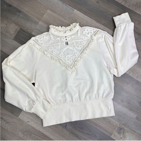 Express Lace Front Ruffle Trim Sweatshirt Sweater Ivory Large Victorian Country - Picture 14 of 14